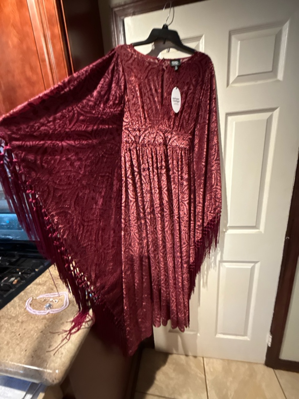 Unique Vintage flutter sleeve Kaftan Dress  Fringe Detail & cold shoulder design - Picture 3 of 17